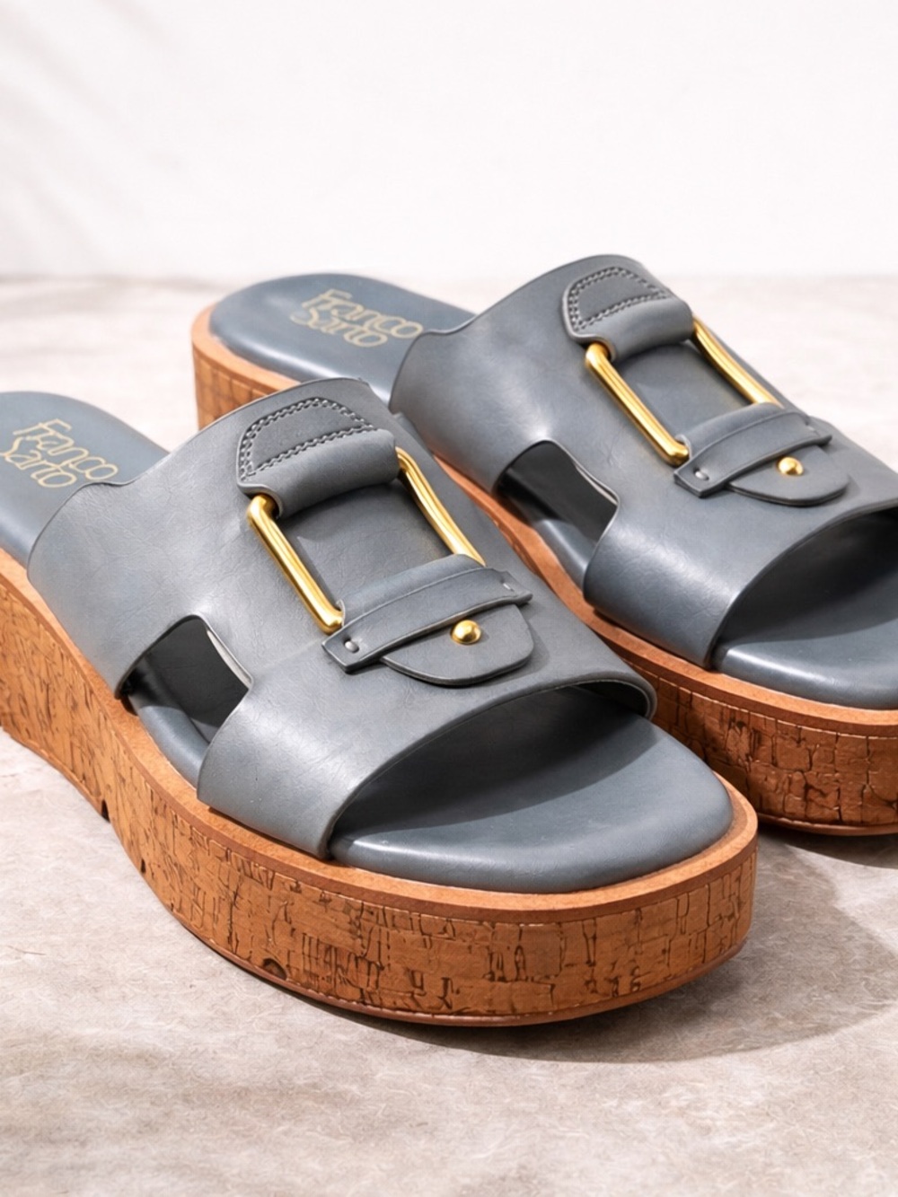 Franco Sarto Platform Slide Sandals Sz 8 Gray Leather Cork Sole 2” Heel Comfort - Picture 2 of 11